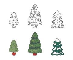 Christmas pine tree set, doodle style. Sketch for coloring and tree fir green color. Vector illustration