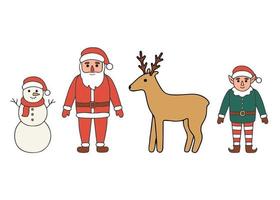 Santa Claus, little elf, snowman and deer character set, doodle Christmas. Hand drawn traditional character in winter holiday season. Vector illustration