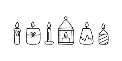 Different burning candles with flame, doodle line shape, hand draw sketch. Candle with fire set. Vector illustration