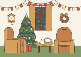 House living room with tree, interior with furniture decorated for holiday. Inside house with window stand spruce, armchair. Card on winter holiday. Vector illustration