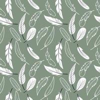 Vector pattern with white feathers on a gray-green background