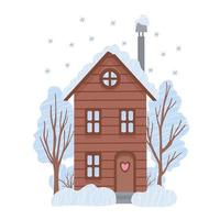 Winter wooden cozy house surrounded by trees and snowdrift. Snowy day country landscape. Vector flat illustration isolated on white. Great for Christmas cards, posters. Flat design.