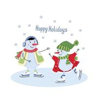 Happy Holidays greeting card. Cute snowmen skating. Funny characters. Winter fun, sport and recreation. Vector flat illustration isolated on white. Green, blue and red colors.