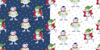 Two seamless patterns with snowmen skating on white and blue backgrounds. Vector flat illustration. Great for fabrics, wrapping paper, Christmas design