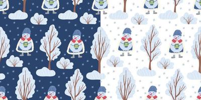 Two seamless patterns with snowman and winter trees on white and blue backgrounds. Vector flat illustration. Great for fabrics, wrapping paper, Christmas design.