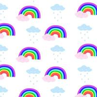 Seamless hand drawn vector pattern with rainbows and clouds on white background. Design for print, fabric , wallpaper, card.Vector illustration