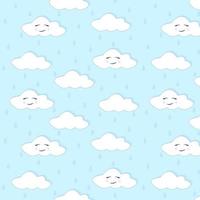 Cute Cartoon Face Cloud Seamless Pattern with rain drops.Blue background.Vector illustration vector