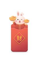 afiche para el año nuevo chino, lindo personaje de conejo o mascota con bolsa de papel roja o sobre rojo con lingote de oro vector