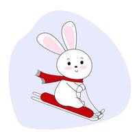 Rabbit sledding down the hill. Cute bunny cartoon character. For calendars, t-shirts, banners, stickers, flyers, posters, books.Winter illustration vector