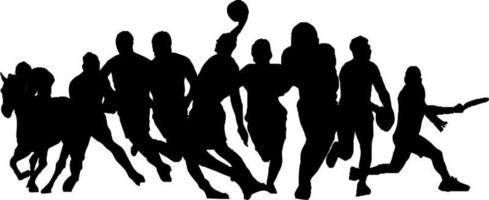 Silhouettes of multiple teams like football, basketball, cricket, baseball, horse riding vector