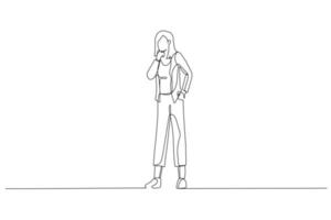 Drawing of asian businesswoman in white suit standing looking at camera. Single continuous line art style vector