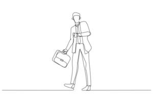 Cartoon of businessman in suit with a large business travel bag looks at his watch and hurries. One continuous line art style vector