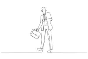 caricatura de hombre de negocios en traje con una gran bolsa de viaje de negocios mira su reloj y se apresura. un estilo de arte de línea continua vector