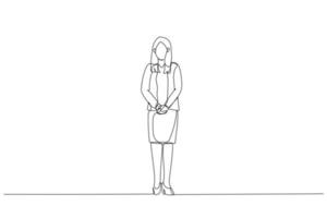 Illustration of businesswoman standing in full body happy at camera. Single continuous line art vector