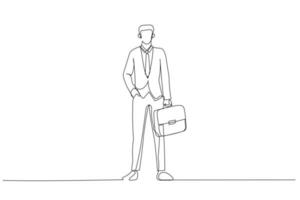 Illustration of businessman using his bag walking in his office. Single line art style vector