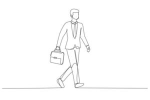 Illustration of businessman wearing glasses walking with briefcase on hand and looking ahead. Single line art style vector