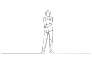 Illustration of young businesswoman standing in full body in casual wear. Single line art style vector