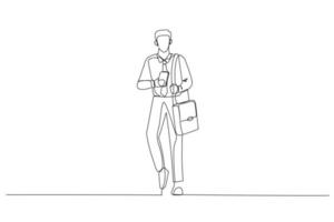 Cartoon of successful businessman in office clothes holding smartphone and laptop bag. One continuous line art style vector