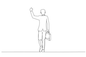 Drawing of businessman in suit holding fist in the air and celebrating, holding suitcase and walking. Single continuous line art style vector