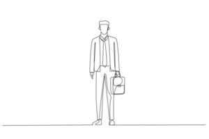 Cartoon of businessman with briefcase standing waiting for his bus. One line art style vector