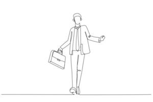 Illustration of businessman wearing glasses and holding a hand case, welcoming while walking. Single line art style vector