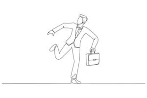 Drawing of businessman running away because late for work. Continuous line art style vector