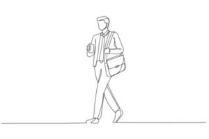 Drawing of businessman drinking coffee while walking with bag. Single continuous line art style vector