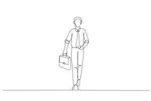 Drawing of businessman go walk hold suitcase. Continuous line art style vector