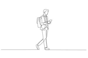 Cartoon of businessman using phone walking commuting to work with backpack bag. Single line art style vector