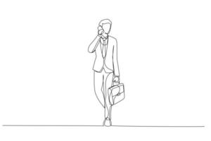 Cartoon of businessman in suit with bag on phone. One line art style vector