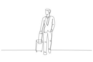 Illustration of businessman walking in an empty airport hall with a suitcase. Single line art style vector