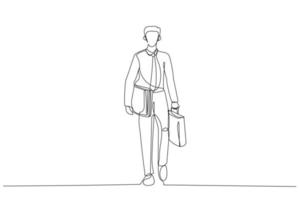 Drawing of businessman with briefcase ready to go work. Continuous line art vector