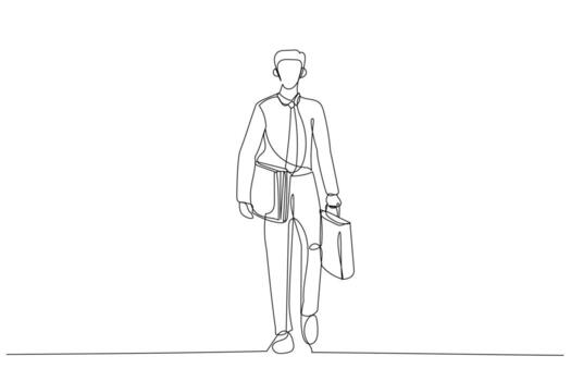 Drawing of businessman with briefcase ready to go work. Continuous line art vector