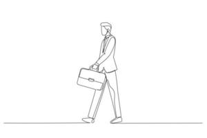 Illustration of business man holding brief case. Single continuous line art vector