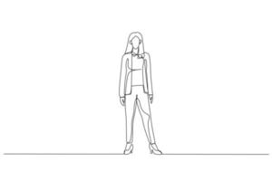 Drawing of business woman standing and posing for camera. Single continuous line art style vector