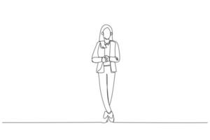 Cartoon of attractive businesswoman in suit posing while standing with arms crossed and looking at camera. One line art style vector