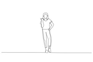 dibujo de una joven empresaria con ropa informal y señalando con el dedo el espacio de copias. arte de línea continua única vector