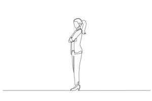 Drawing of full length side view of a confident businesswoman standing with folded hands. Continuous line art style vector