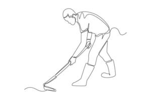 Continuous one line drawing gardener working soil with hoe in garden. Farmer digging with hand tool. Agriculture concept. Single line draw design vector graphic illustration.