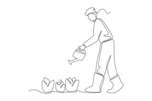 Continuous one line drawing man farmer watering plants in the garden. Agriculture concept. Single line draw design vector graphic illustration.