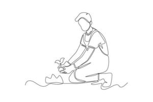 Continuous one line drawing Boy farmer planting plant shoots in the ground. Agriculture concept. Single line draw design vector graphic illustration.