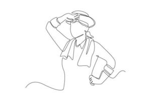 Continuous one line drawing happy female farmer with hat. Agriculture concept. Single line draw design vector graphic illustration.