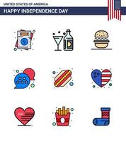 USA Independence Day Flat Filled Line Set of 9 USA Pictograms of american star glass usa usa Editable USA Day Vector Design Elements