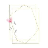 Gold geometric frame with flower in watercolor style. Luxury polygonal frame for decoration valentine's day, wedding invitations, greeting cards. Vector illustration isolated on white background