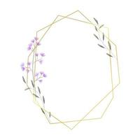 Gold geometric frame with flowers and leaves in watercolor style. Luxury polygonal frame for decoration valentine's day, wedding invitations, greeting cards. vector