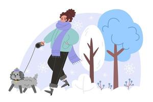 Young woman walking with a small curly dog in winter forest vector