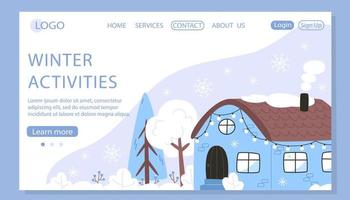 paisaje invernal con una casa en un bosque nevado, plantilla de página web vector