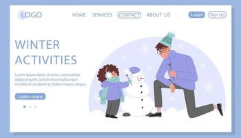 padre e hija haciendo un muñeco de nieve en un estilo plano, plantilla de página web vector