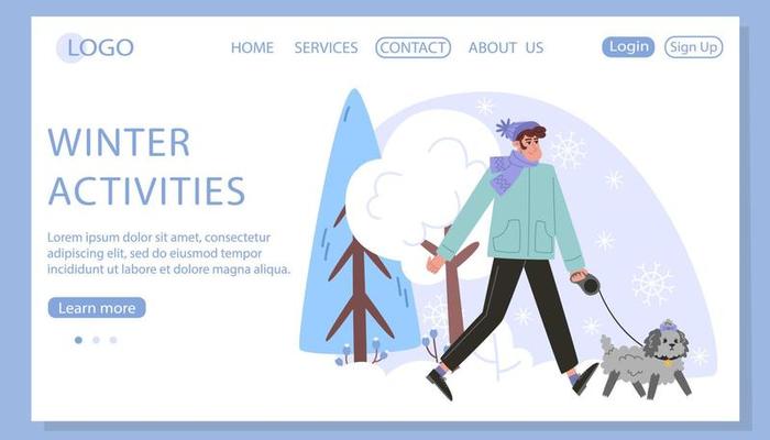 Young man walking with a small curly dog in winter forest, web page template