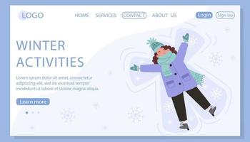 mujer joven haciendo un ángel de nieve en la nieve, plantilla de página web vector